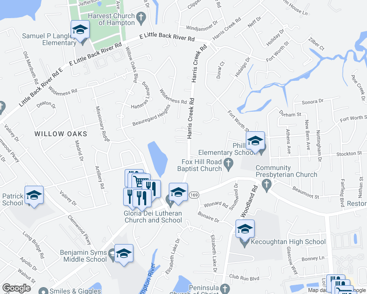 map of restaurants, bars, coffee shops, grocery stores, and more near 35 Harris Creek Road in Hampton