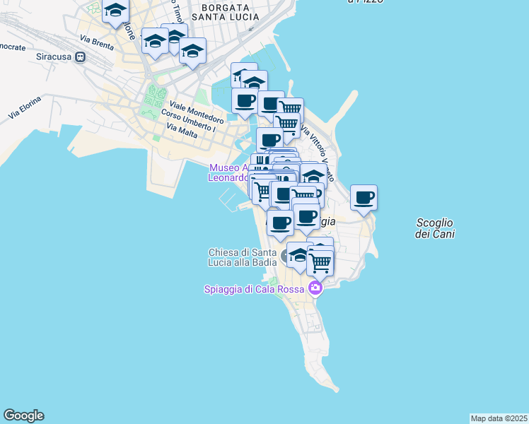 map of restaurants, bars, coffee shops, grocery stores, and more near 36 Via dei Cordari in Siracusa