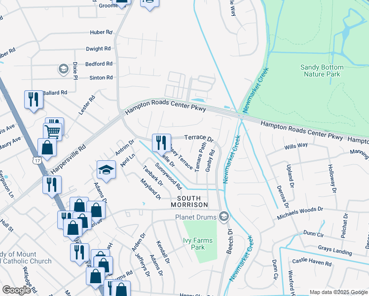 map of restaurants, bars, coffee shops, grocery stores, and more near 706 Nicole Place in Newport News