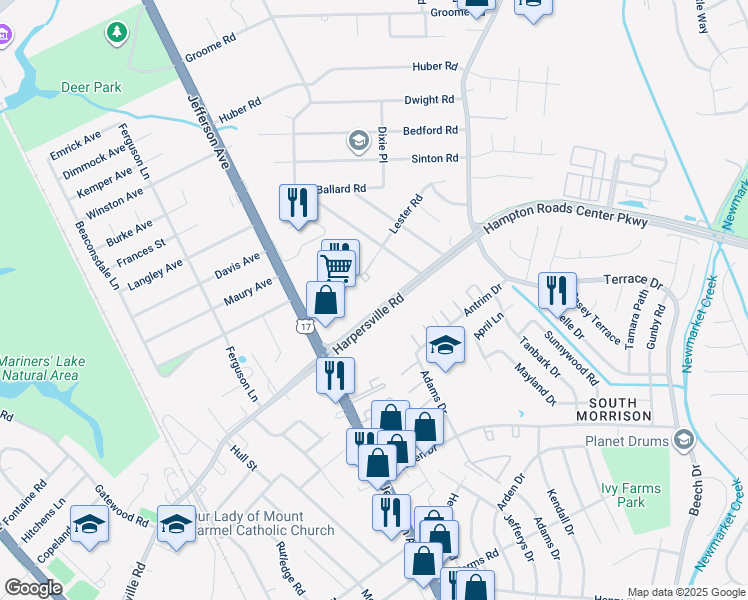 map of restaurants, bars, coffee shops, grocery stores, and more near 437 Harpersville Road in Newport News