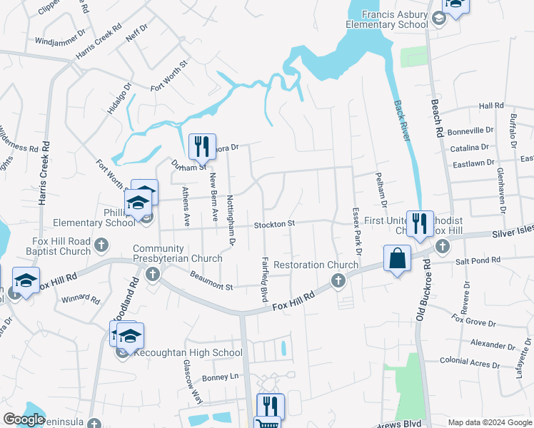 map of restaurants, bars, coffee shops, grocery stores, and more near 460 Duchess Court in Hampton