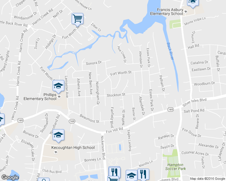 map of restaurants, bars, coffee shops, grocery stores, and more near 460 Duchess Court in Hampton