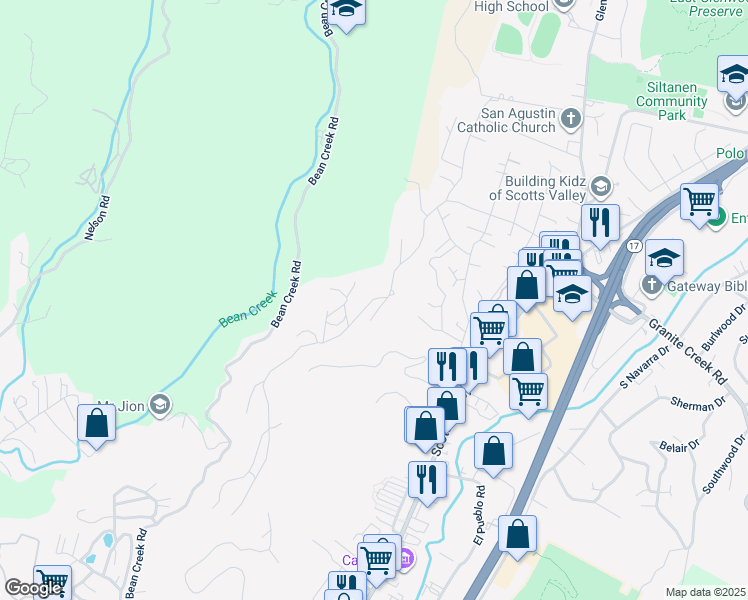 map of restaurants, bars, coffee shops, grocery stores, and more near 560 Hacienda Drive in Scotts Valley