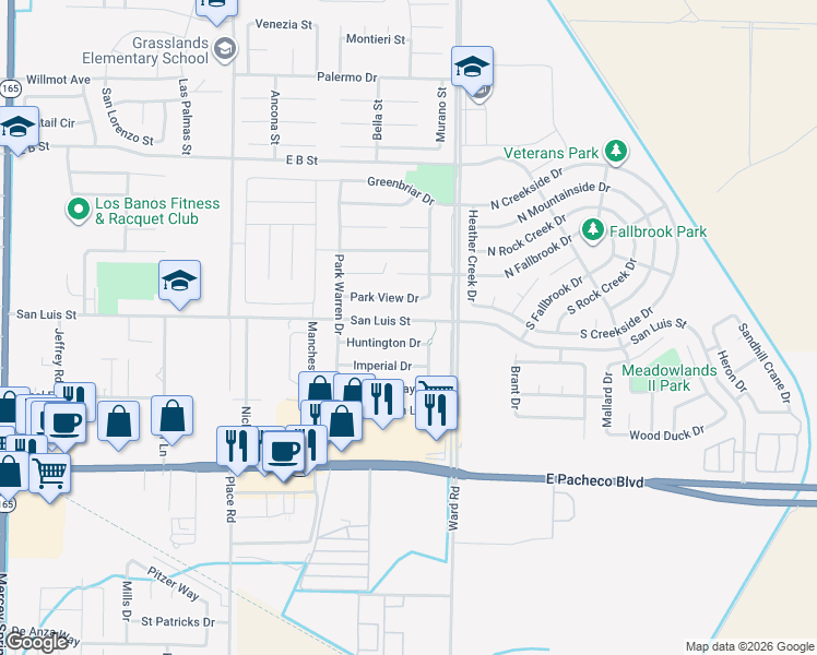 map of restaurants, bars, coffee shops, grocery stores, and more near 2239 Park View Drive in Los Banos