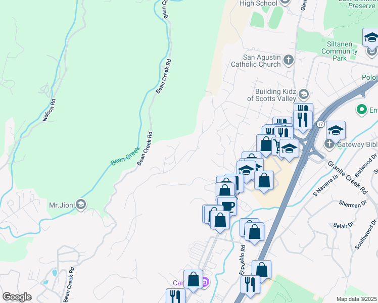map of restaurants, bars, coffee shops, grocery stores, and more near 560 Hacienda Drive in Scotts Valley