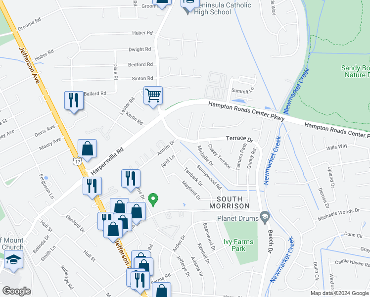 map of restaurants, bars, coffee shops, grocery stores, and more near 766 April Lane in Newport News