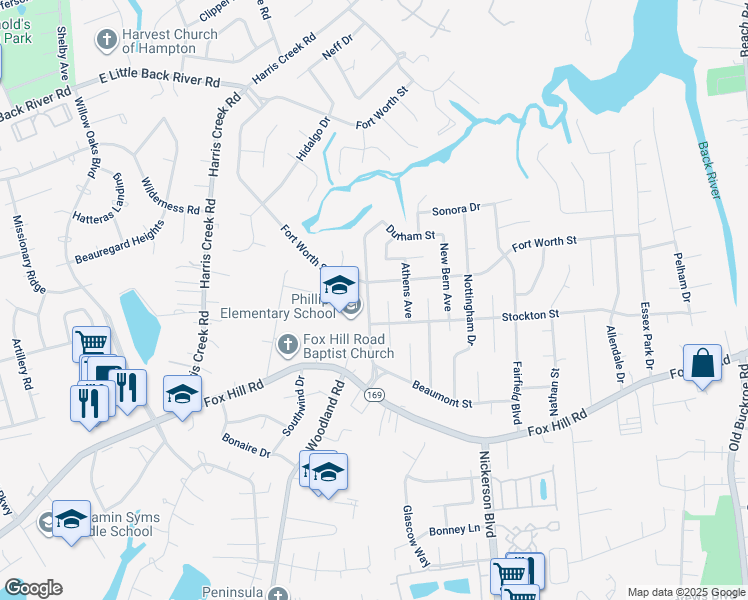 map of restaurants, bars, coffee shops, grocery stores, and more near 706 Lemaster Avenue in Hampton