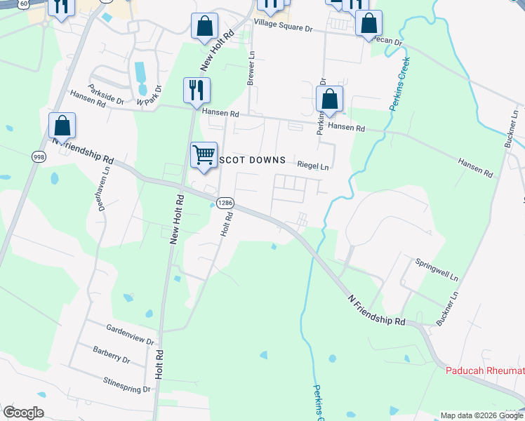 map of restaurants, bars, coffee shops, grocery stores, and more near 2701 North Friendship Road in Paducah