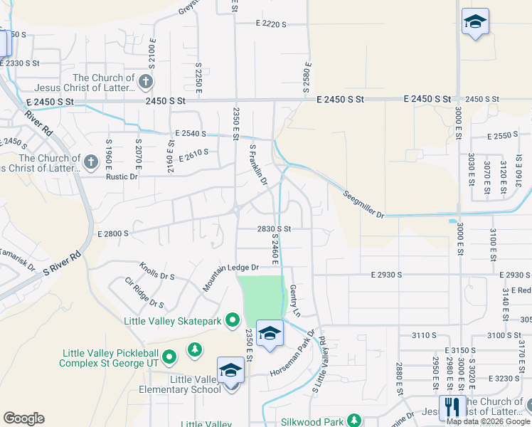 map of restaurants, bars, coffee shops, grocery stores, and more near 2441 East Meadow Mist Way in Saint George