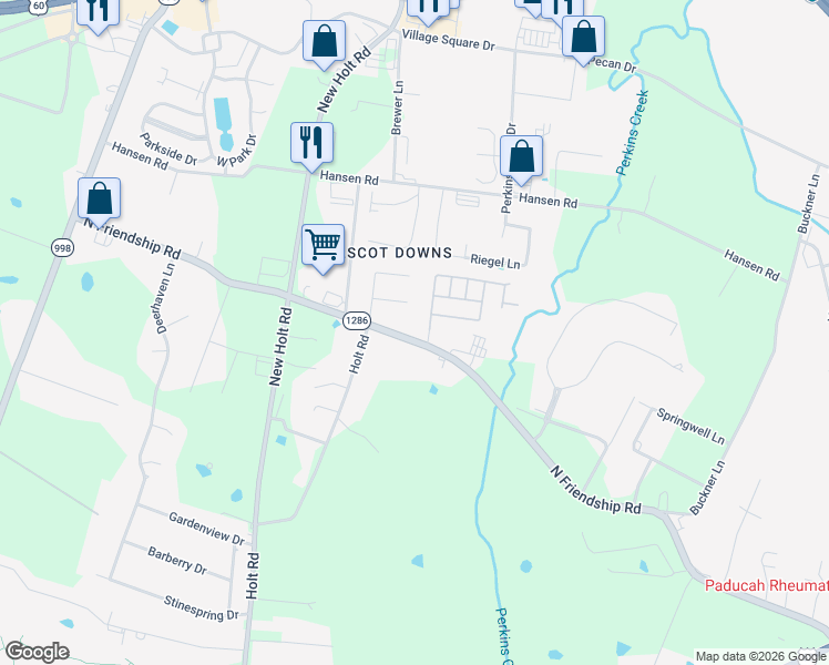 map of restaurants, bars, coffee shops, grocery stores, and more near 2701 North Friendship Road in Paducah
