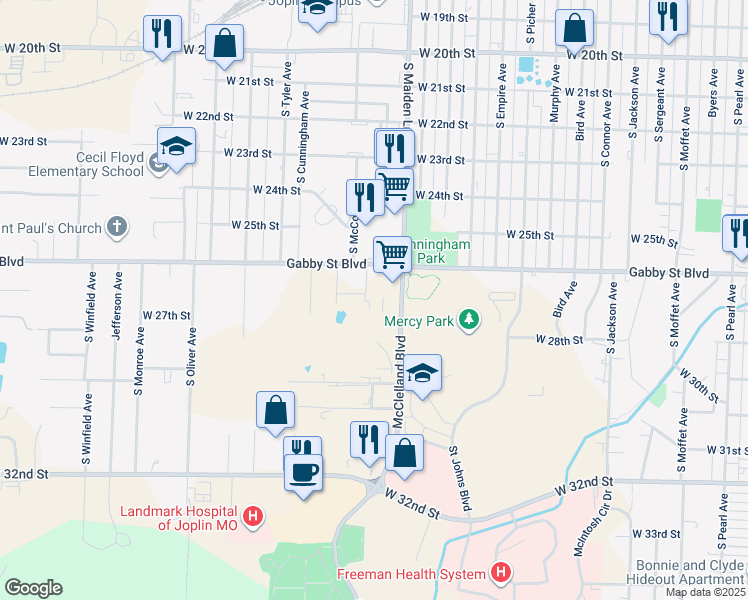 map of restaurants, bars, coffee shops, grocery stores, and more near 2621 South Anderson Avenue in Joplin