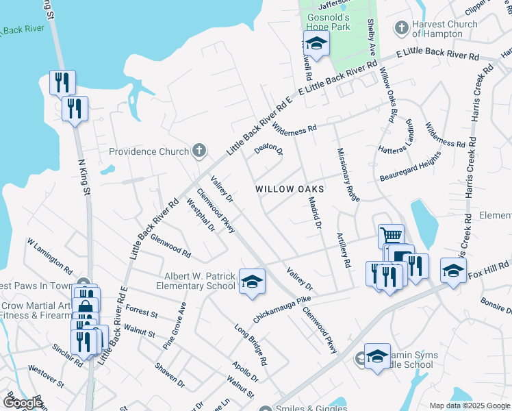 map of restaurants, bars, coffee shops, grocery stores, and more near 100 Margaret Drive in Hampton