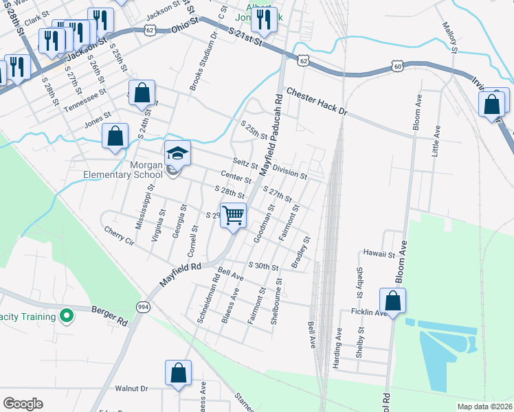 map of restaurants, bars, coffee shops, grocery stores, and more near S 27th St in Paducah