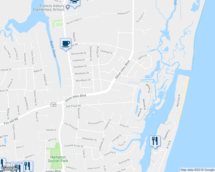 map of restaurants, bars, coffee shops, grocery stores, and more near 117 Silver Isles Boulevard in Hampton