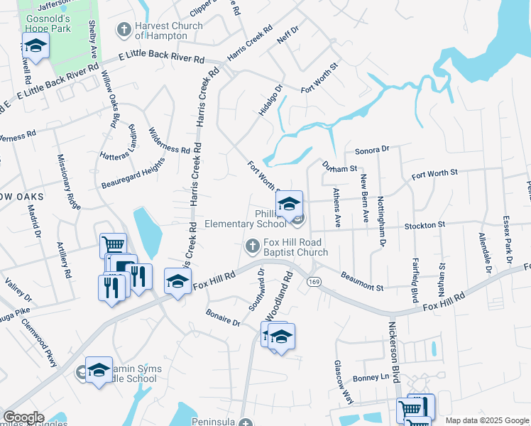 map of restaurants, bars, coffee shops, grocery stores, and more near 346 Cabot Drive in Hampton