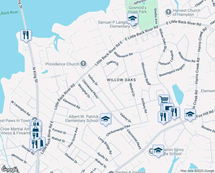 map of restaurants, bars, coffee shops, grocery stores, and more near 100 Margaret Drive in Hampton