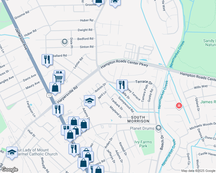 map of restaurants, bars, coffee shops, grocery stores, and more near 802 Terrace Drive in Newport News