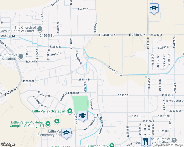 map of restaurants, bars, coffee shops, grocery stores, and more near 2772 South Grass Valley Drive in Saint George
