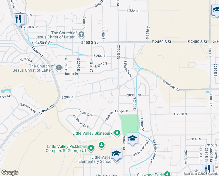 map of restaurants, bars, coffee shops, grocery stores, and more near 2291 East 2800 South in St. George