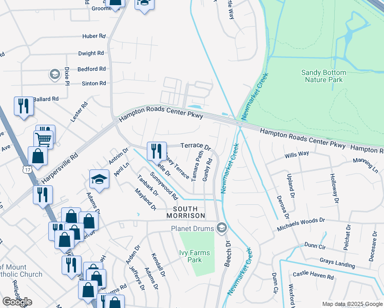 map of restaurants, bars, coffee shops, grocery stores, and more near 702 Mandy Trail in Newport News