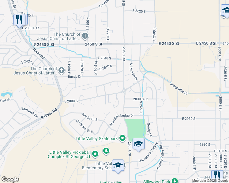 map of restaurants, bars, coffee shops, grocery stores, and more near 2291 East 2800 South in St. George