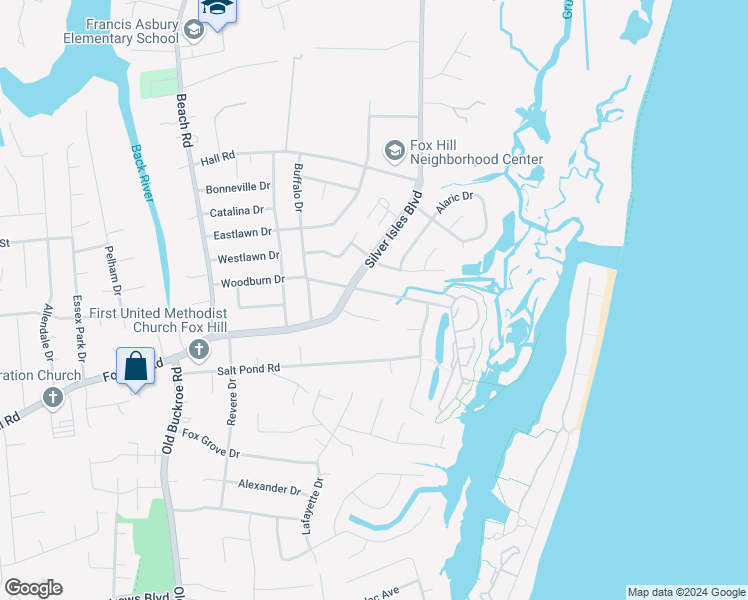 map of restaurants, bars, coffee shops, grocery stores, and more near 206 Woodburn Drive in Hampton