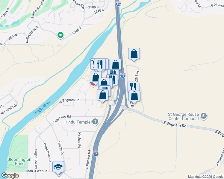 map of restaurants, bars, coffee shops, grocery stores, and more near 144 West Brigham Road in St. George