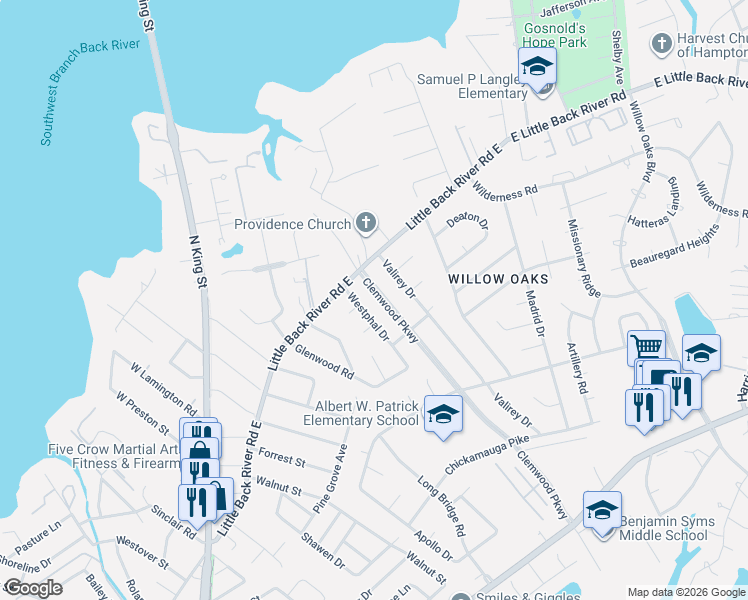 map of restaurants, bars, coffee shops, grocery stores, and more near 11 Clemwood Parkway in Hampton