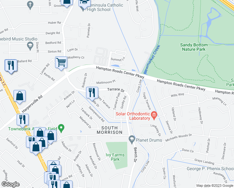 map of restaurants, bars, coffee shops, grocery stores, and more near 749 Tamara Path in Newport News