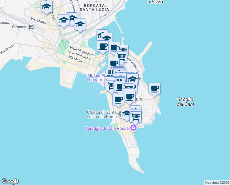 map of restaurants, bars, coffee shops, grocery stores, and more near 36 Via dei Cordari in Siracusa