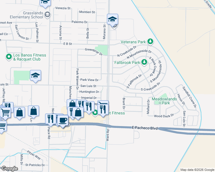 map of restaurants, bars, coffee shops, grocery stores, and more near Ward Road in Los Banos