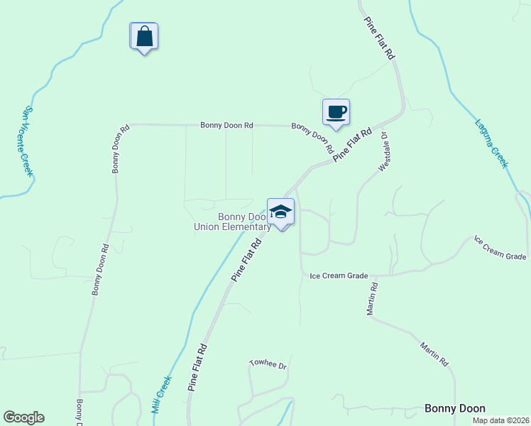 map of restaurants, bars, coffee shops, grocery stores, and more near 1425 Pine Flat Road in Santa Cruz