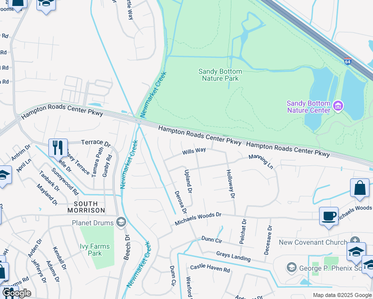 map of restaurants, bars, coffee shops, grocery stores, and more near 117 Glica Court in Hampton