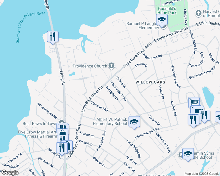 map of restaurants, bars, coffee shops, grocery stores, and more near 7 Westphal Drive in Hampton