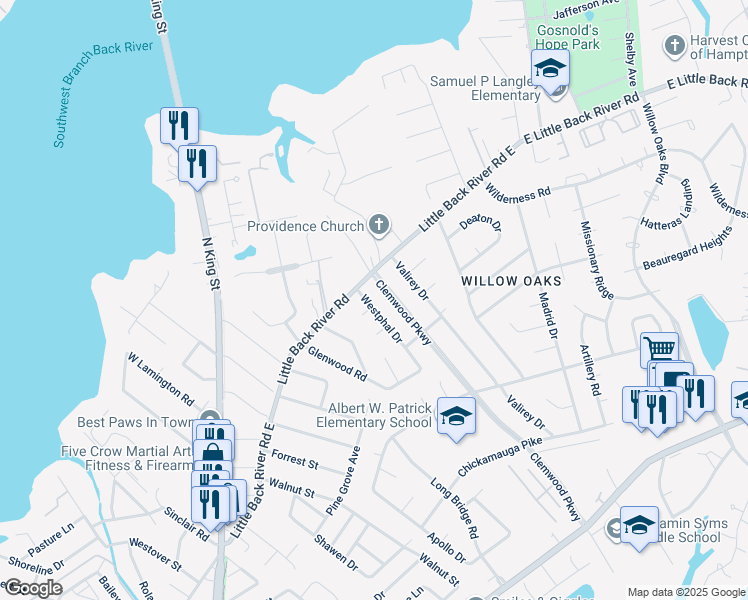 map of restaurants, bars, coffee shops, grocery stores, and more near 7 Westphal Drive in Hampton