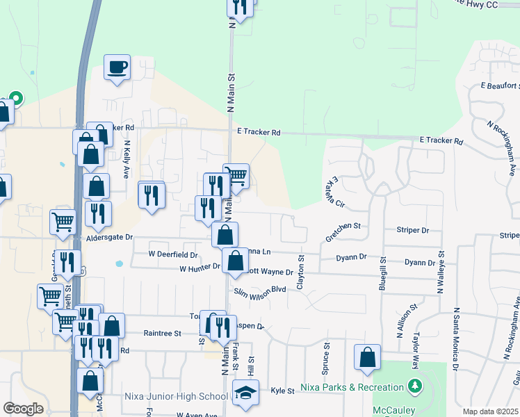 map of restaurants, bars, coffee shops, grocery stores, and more near 101-127 Peachtree Drive in Nixa