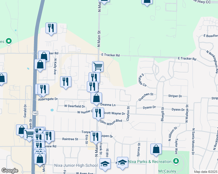 map of restaurants, bars, coffee shops, grocery stores, and more near 101-127 Peachtree Drive in Nixa