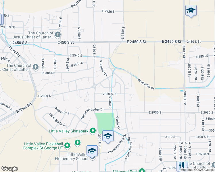 map of restaurants, bars, coffee shops, grocery stores, and more near 2441 East Meadow Mist Way in St. George