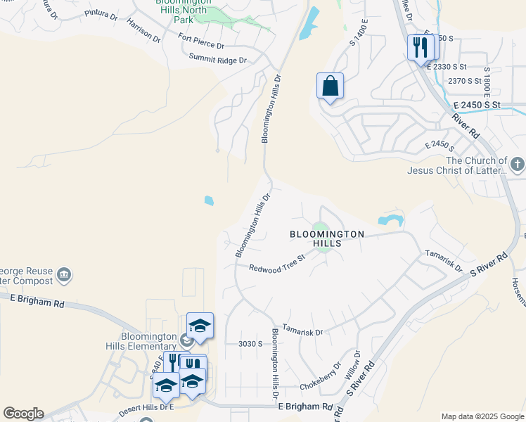 map of restaurants, bars, coffee shops, grocery stores, and more near 2745 Bloomington Hills Drive in St. George