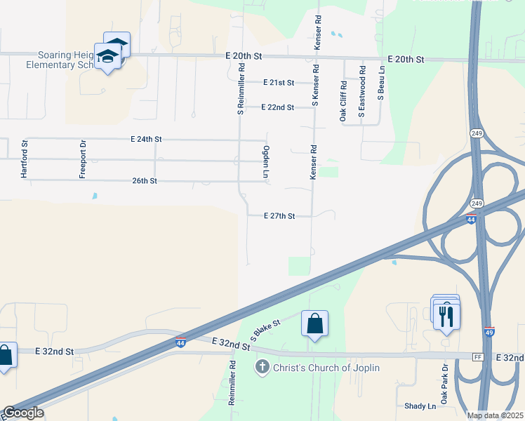map of restaurants, bars, coffee shops, grocery stores, and more near 4915 East 27th Street in Joplin