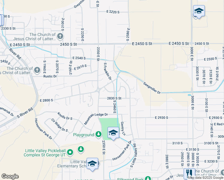 map of restaurants, bars, coffee shops, grocery stores, and more near 2441 East Meadow Mist Way in St. George