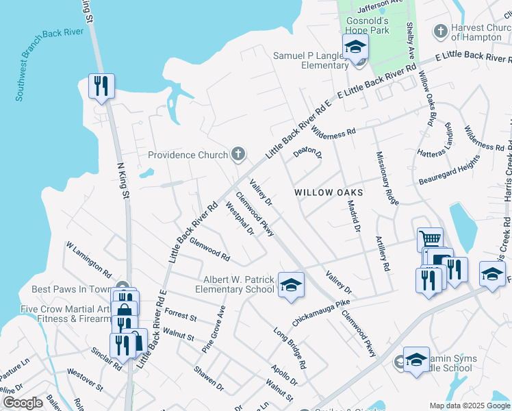 map of restaurants, bars, coffee shops, grocery stores, and more near 15 Clemwood Parkway in Hampton