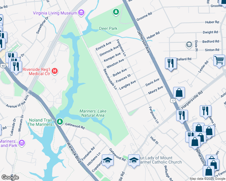 map of restaurants, bars, coffee shops, grocery stores, and more near 35 Beaconsdale Lane in Newport News