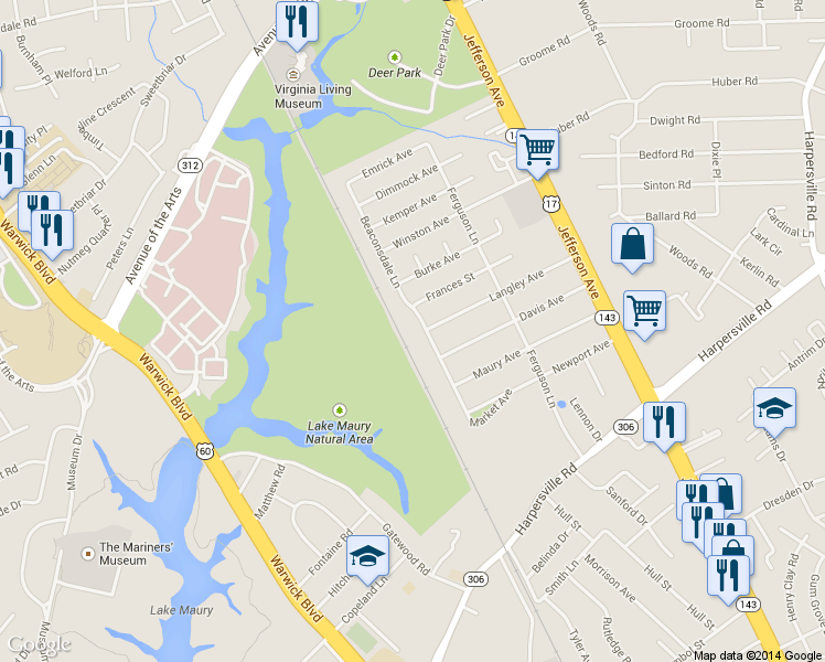 map of restaurants, bars, coffee shops, grocery stores, and more near 35 Beaconsdale Lane in Newport News