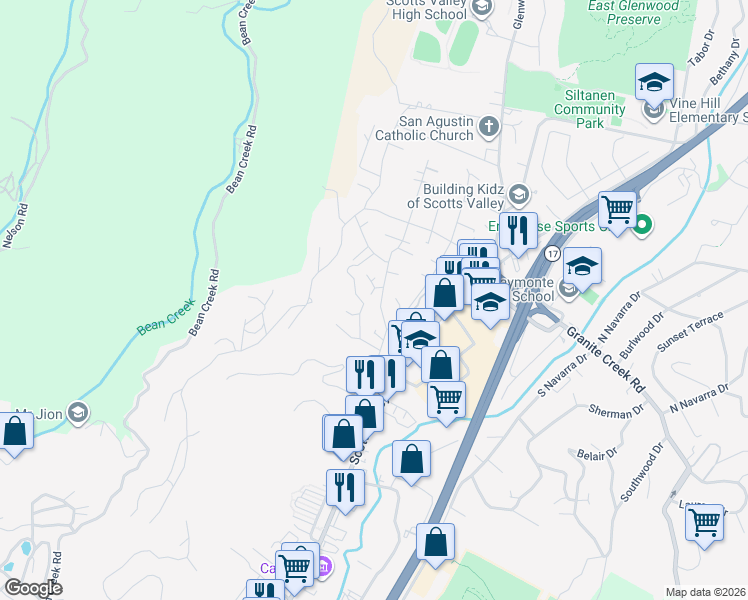 map of restaurants, bars, coffee shops, grocery stores, and more near 5 Tuscany Court in Scotts Valley
