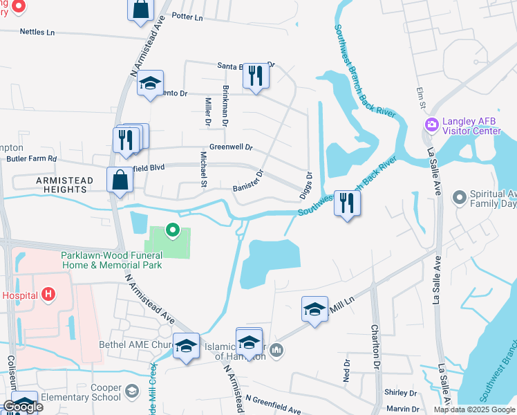 map of restaurants, bars, coffee shops, grocery stores, and more near 22 Diggs Drive in Hampton