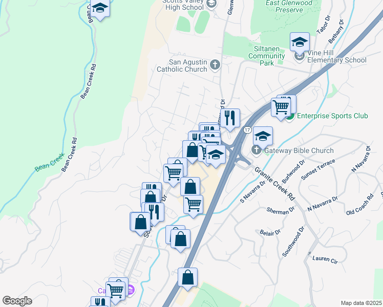 map of restaurants, bars, coffee shops, grocery stores, and more near 5525 Scotts Valley Drive in Scotts Valley
