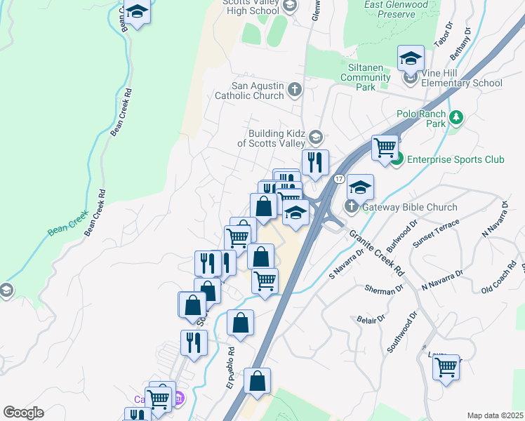 map of restaurants, bars, coffee shops, grocery stores, and more near 5525 Scotts Valley Drive in Scotts Valley