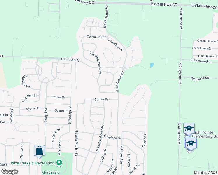 map of restaurants, bars, coffee shops, grocery stores, and more near Old Castle Road in Nixa