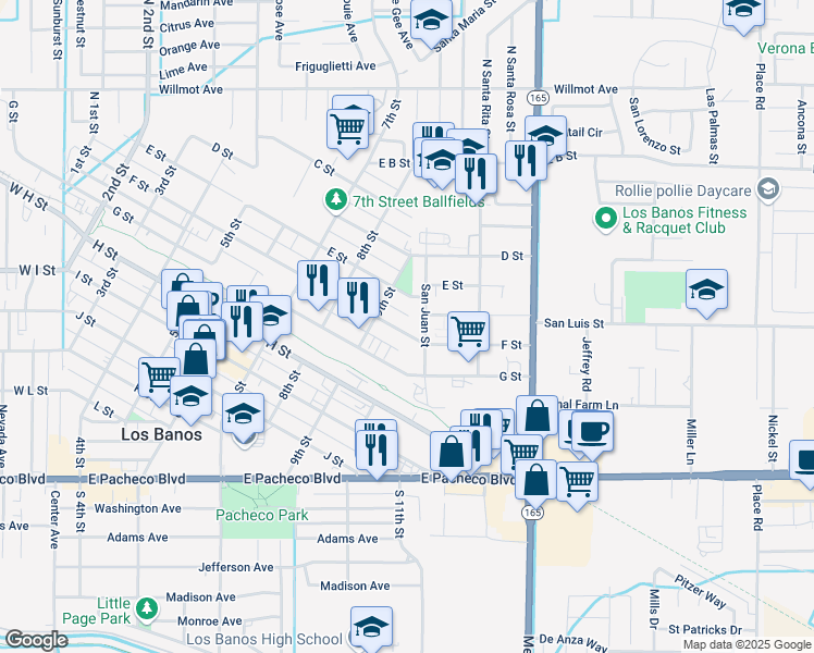 map of restaurants, bars, coffee shops, grocery stores, and more near 960 F Street in Los Banos